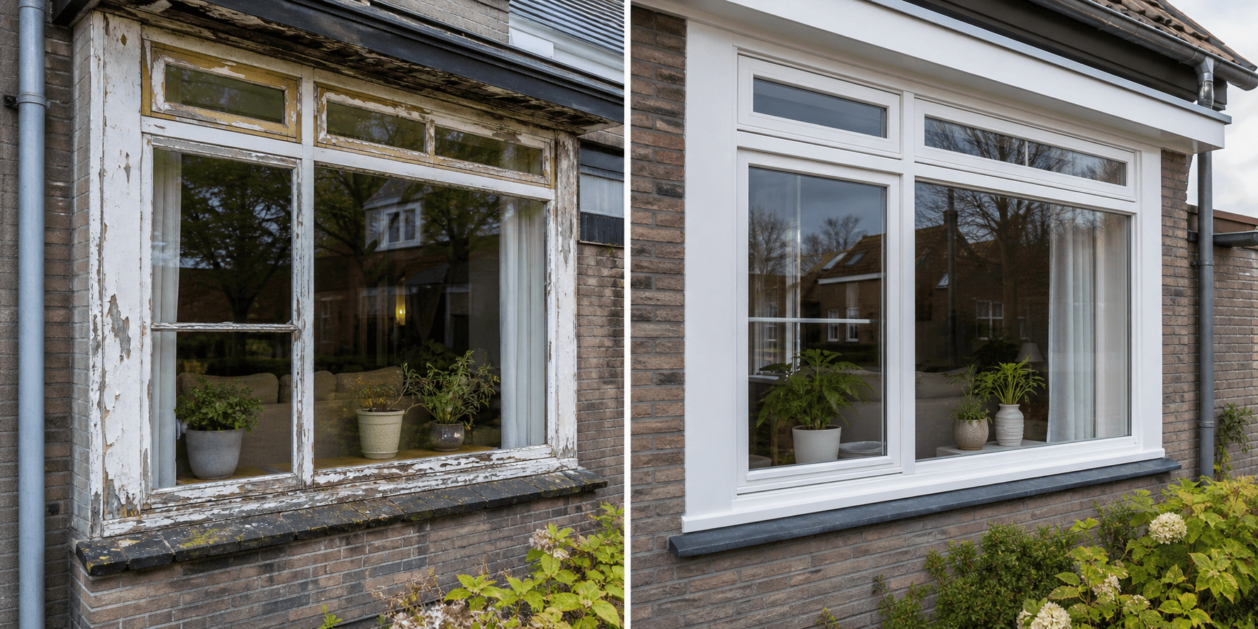 Voor en na van een houten kozijnrenovatie met dubbel glas